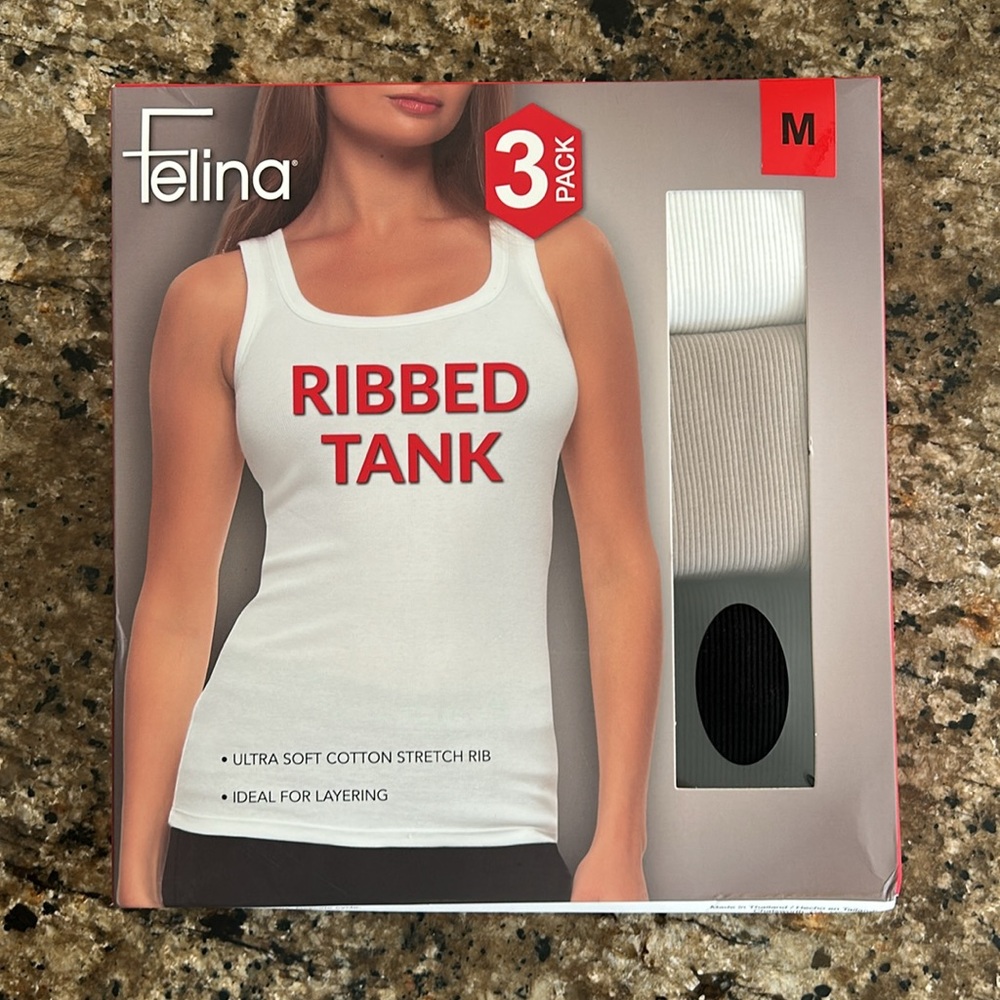Felina 3-Pack Ribbed Tank Tops Size large Cotton Stretch NEW(M)